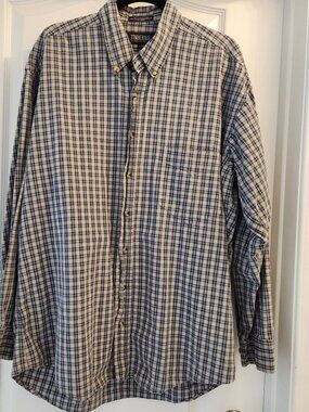 Timberbay Mens Shirt Size L Grey with blue stripes, Plaid Long Sleeve Button Up